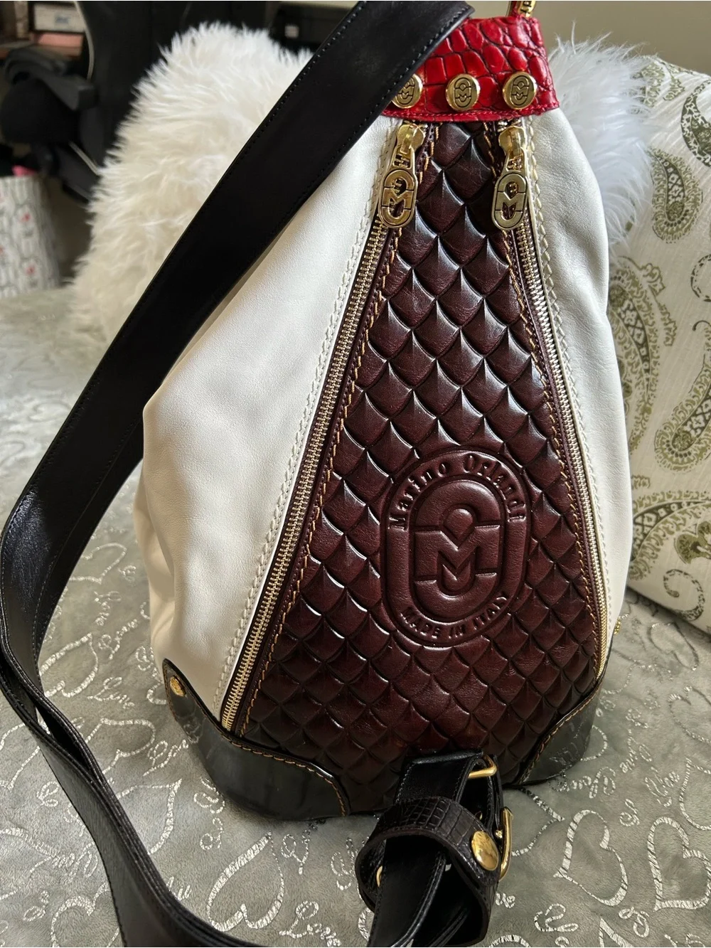NWT Marino Orlandi Two-Tone White & Brown Leather Backpack with Red Accent